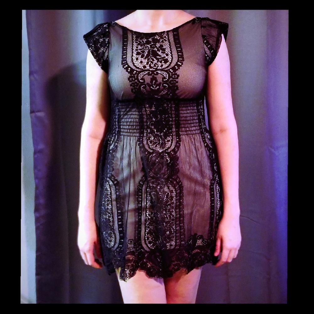 Pinky dress (Cream with Black Lace Overlay)